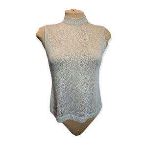 St. John Basics Lacy Silver Sleeveless Mock Neck Blouse Size P/S